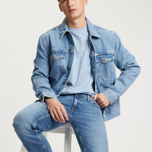 Olivia Clothing Store men's denim collection featuring a light blue denim jacket, matching jeans, and casual T-shirt for a modern everyday fashion look.