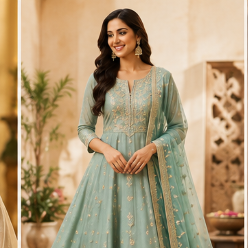 Olivia Clothing Store women's mint green embroidered ethnic dress with dupatta.
