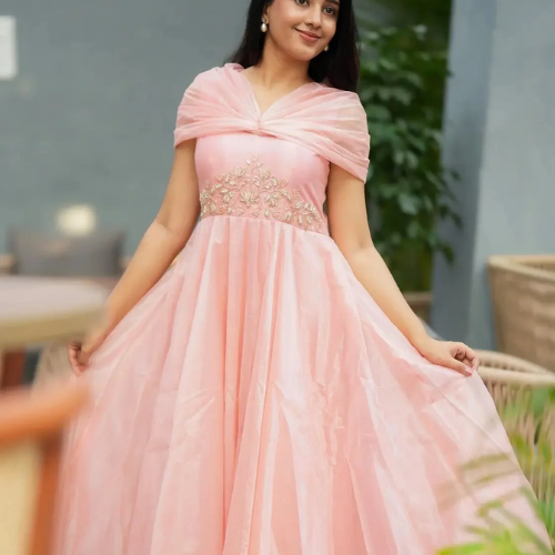 Olivia Clothing Store women's pink embroidered gown with elegant layered design for festive occasions.