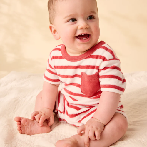 Olivia Clothing Store baby boy striped cotton romper in red and white for comfortable everyday wear