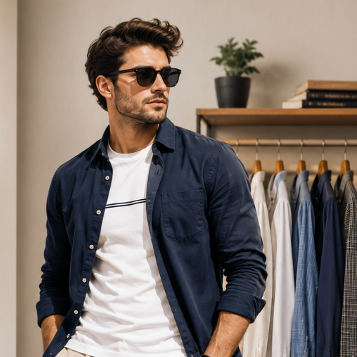 Olivia Clothing Store men's navy blue casual shirt and white T-shirt styled for modern everyday fashion.