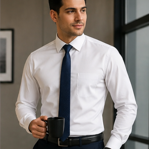 Olivia Clothing Store men's white formal shirt with navy blue tie for office wear.