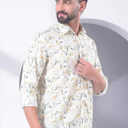Olivia Clothing Store men's floral printed shirt styled with a smart casual look.