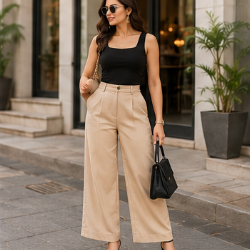 Olivia Clothing Store women's black top with beige wide-leg pants for casual wear.
