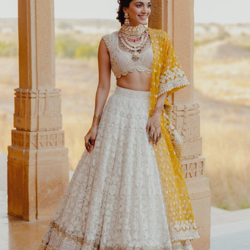 Olivia Clothing Store women's white and yellow embroidered lehenga with elegant ethnic fashion design