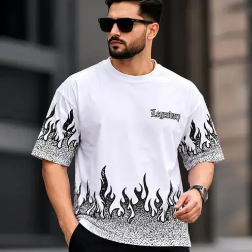 Olivia Clothing Store men's fashion collection featuring a stylish white graphic T-shirt with black flame print, paired with black trousers and sunglasses for a trendy casual look.