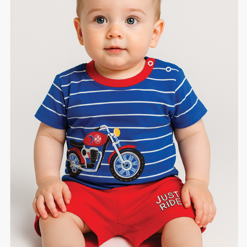 Olivia Clothing Store baby boy blue striped T-shirt and red shorts with motorcycle graphic.