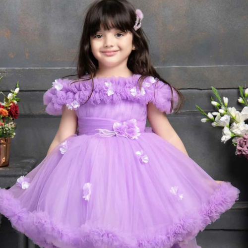 Olivia Clothing Store girls' lavender party frock with floral details and ruffle design.