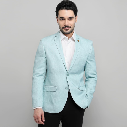 Olivia Clothing Store men’s light blue blazer with white shirt for stylish formal wear.