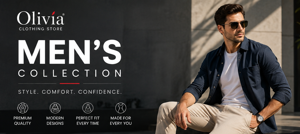 Olivia Clothing Store men’s collection featuring casual wear, office wear, shirts, trousers, suits, activewear and traditional wear.