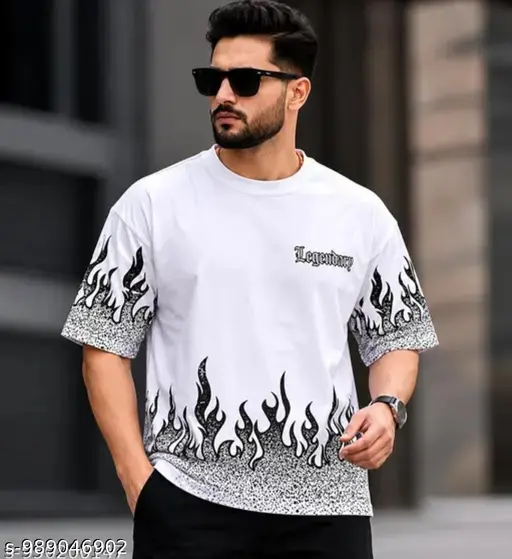 Olivia Clothing Store men's fashion collection featuring a stylish white graphic T-shirt with black flame print, paired with black trousers and sunglasses for a trendy casual look.