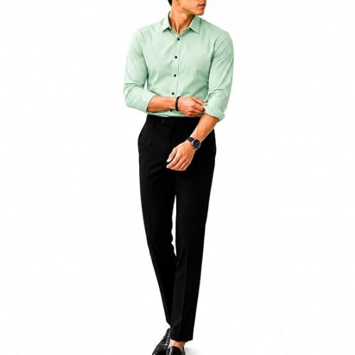 Olivia Clothing Store men’s mint green formal shirt with black trousers.
