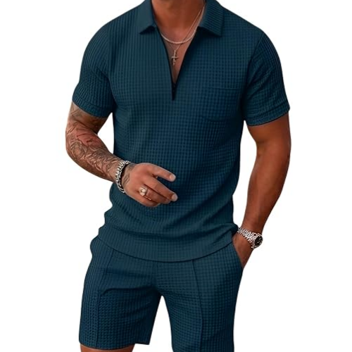 Olivia Clothing Store men’s textured navy blue polo shirt and shorts summer outfit