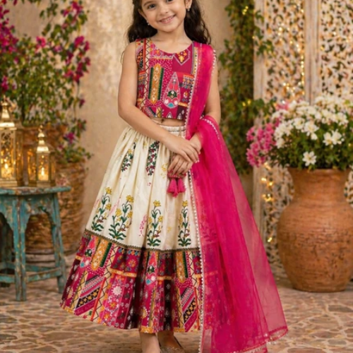 Olivia Clothing Store girls’ traditional pink and white ethnic lehenga with dupatta.