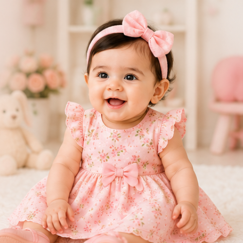 Olivia Clothing Store baby girl pink floral dress with bow headband.