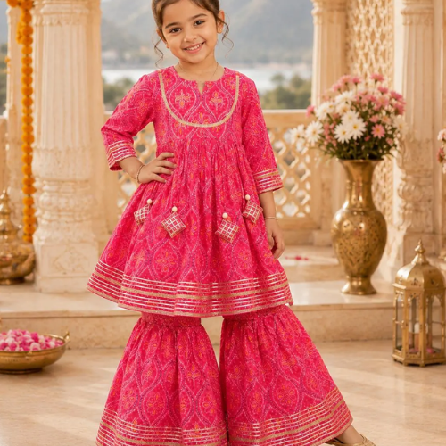 Olivia Clothing Store girls’ pink ethnic kurta with matching sharara for festive wear