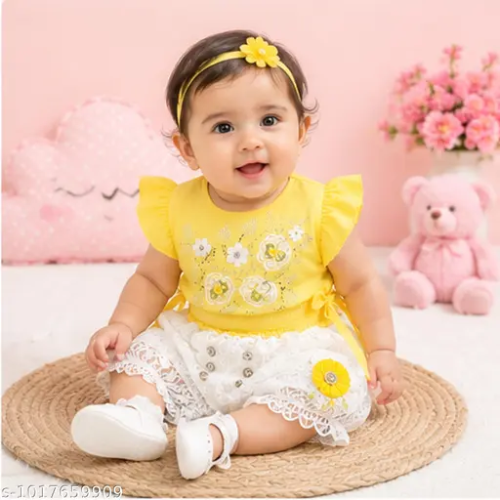 Olivia Clothing Store baby girl yellow floral top with white lace shorts