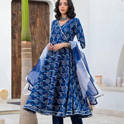 Olivia Clothing Store blue printed Anarkali dress for women.