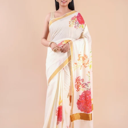 Olivia Clothing Store white floral printed saree for women.