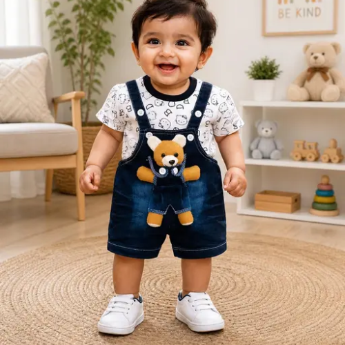 Olivia Clothing Store baby boy denim dungaree outfit with teddy bear design.