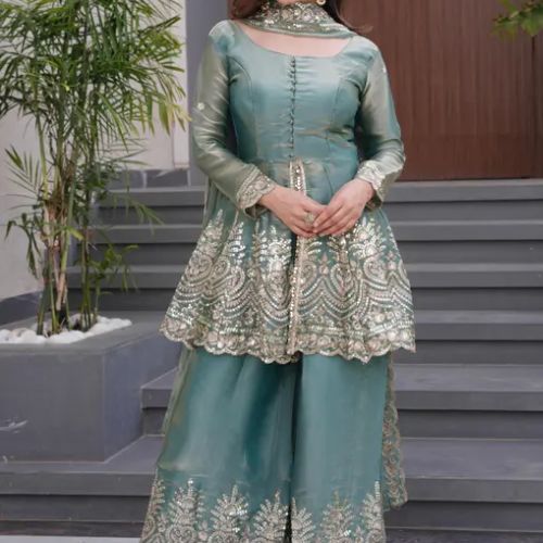Olivia Clothing Store teal embroidered palazzo set for women.