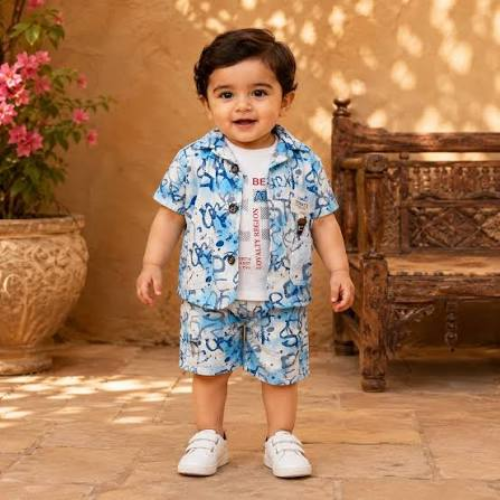 Olivia Clothing Store baby boy blue printed summer shirt and shorts set.